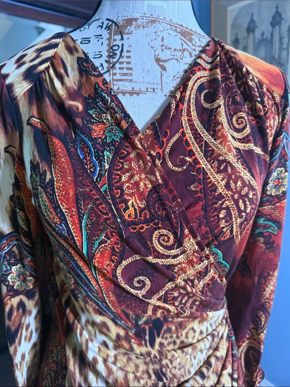 Vintage Cache Leopard Paisley Ruched Faux Wrap Dress Medium - Picture 3 of 14